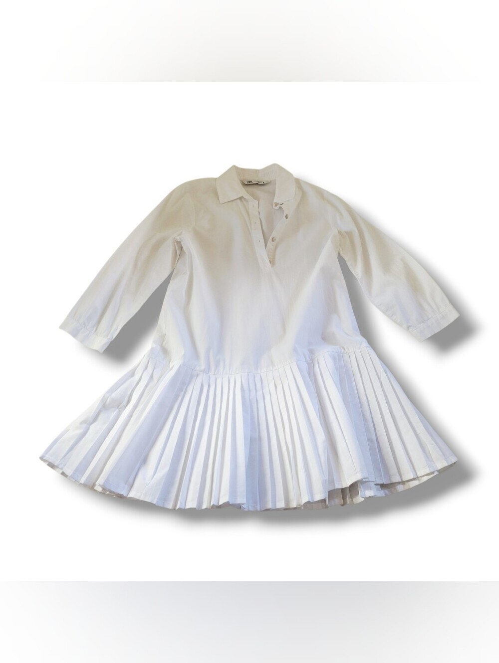 Zara | EUC White 3/4 Sleeve Pleated Midi Shirt Dress (SIZE XS)
